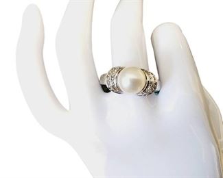 Sterling Silver Pearl Diamond Ring