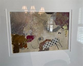 9_____$195 Joan Darlene Homrighouse Born in Louisville KY Born 1936. 
Painting, collage, on paper abstract in silver frame 30x33