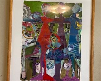 21_____$100 -Joan Darlene Homrighouse Born in Louisville KY Born 1936. 
Abstract on paper 23x29 with figurines with clock
