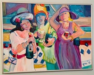 44_____$275 signed 
3 ladies holding wine bottles oil on canvas 40x30