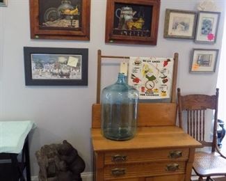 Many vintage chairs, Oak cabinet