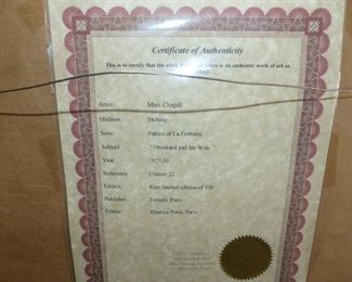 Marc Chagall limited edition etching "Drunkard and his Wife" Certificate of Authenticity