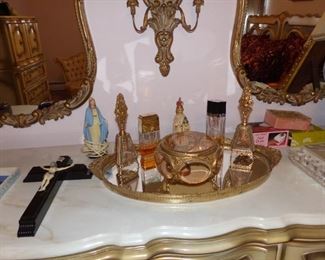 Vintage mirrored tray, box and perfume bottles