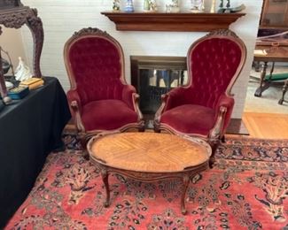 BEAUTIFUL HIS AND HERS VICTORIAN CHAIRS.  THE RUG IS NOT FOR SALE