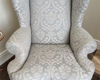  Asking:Was $1400 -- Now $1000--Tall Blue/White Toile Custom Upholstered Wing Chair - Ball & Claw Feet - 48" Tall