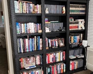 Asking: Was $1950 for Pair -- Now $1450--- 15-Shelf Black Bookcases - Restoration Hardware - Oak-   Adjustable Shelves w/Pull Out Tables - Each 84" wide x 80" Tall