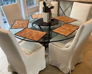 Asking: Was $1575 -- Now $1150'--- Dining Decorative Table w/Iron Deco Base w/Glass Top & 4 Linen Slip Covered Side Chairs