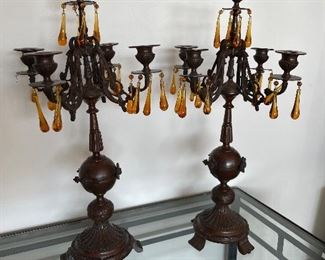 Pair bronze and crystal drop candelabra 