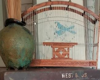Vintage cage and pottery 
