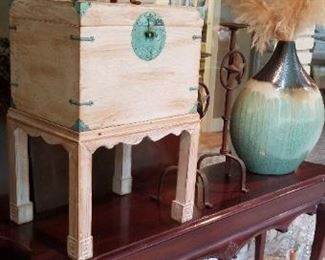 Console table,  tea caddy and vintage vase 