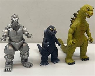 (3) Assorted Godzilla Figurines - Bandai 1998 Mechagodzilla, Bandai Toho 5" Black, And Unmarked 7" Green