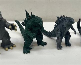 (4) Small Poseable Godzilla Figurines - Green Bandai 1999, Grey Toho 2020, & Unmarked 
