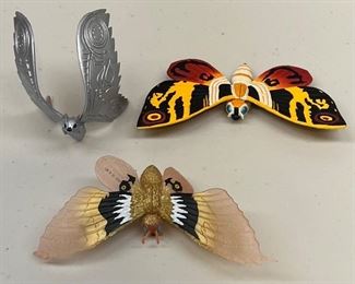 (3) Miniature Mothra Figurines - 3" 1998 China, 5" 2004 Toho, 5" 1995 Bandai