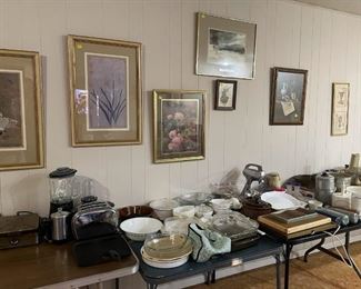 many antique kitchen items - original pyrex and corning ware, mixers, toasters, pots and pans, cake pans, pie pans, electric knives and much more