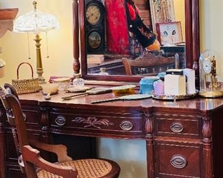 Dressing table, chair, brass lamp with crystal shade