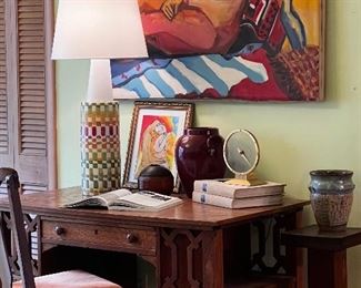 Craftsman style oak desk, large MCM ceramic lamp, Oil on canvas