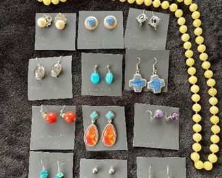 Assorted semi precious gems in sterling silver earrings. The long yellow necklace is yellow rose quartz. Just beautiful.!!