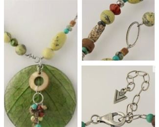 SIL pads Kabkaban wood leaf reversible pendant necklace. Sterling and gem stones
