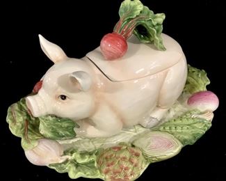 Fitz & Floyd "French Market" Pig Soup Tureen Tray and Ladle $85 or bid #24
