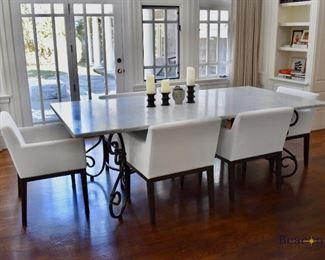 Antique marble top dining table and 6 Restoration Hardware chairs