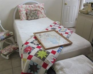 Twin bed, vintage quilt, more