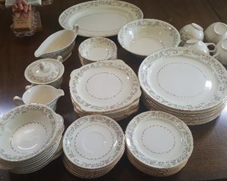 19. SERVICE FOR 8 SET OF CHINA. 4 PIECES HAVE SMALL CHIPS :SERVING BOWL, 2 CUPS AND A FRUIT  BOWL $50