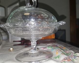 128. CANDLE WICK COVERED DISH WITH SPOON $18