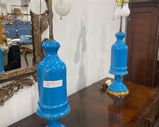 Pair Of Vintage French Blue Opaline Table Lamps