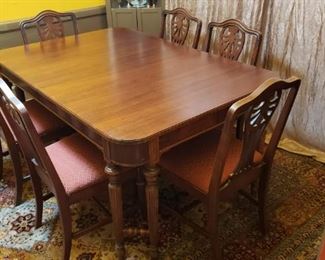 Antique Duncan Phyfe-Style Formal Wood Dining Set, Rare Design w/ Rounded-Corners & Hand-Carved Double-Pedestal Legs, Circa 1920s