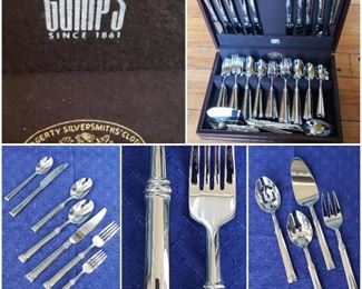Cambridge Silversmiths Ltd., Inc. "Tuscany" Set of 10 18/10 SS 5-Piece Flatware Set & 4-Piece Serving Set + Michael Lloyd Set of 10 18/8 SS Complementary Teaspoons (all from Crate & Barrel) + Reed & Barton Brown Wood Flatware Box Lined w/ Hagerty Silversmith's Cloth (from Gump's)