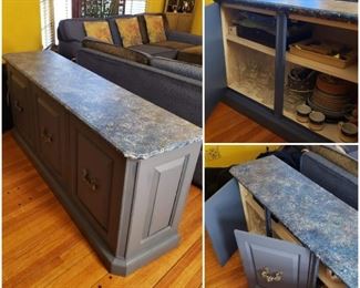 Vintage Wood Credenza/Dining Room Storage Cabinet w/ Hand-Painted Faux Lazulite Marble Top, 3 Molded Bronze Door Handles, & 1 Adjustable Shelf