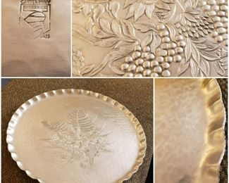 Vintage Canterbury Arts Hammered Aluminum Round Serving Tray w/ Floral Pattern