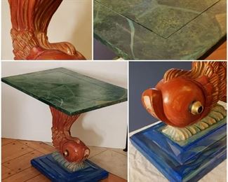 Handcarved Wood End Tables w/ Koi on Water Wave Pedestals & Custom-Painted Water Lily Leaves Tabletop, Circa 1960s