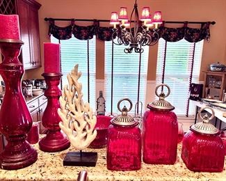 Red Canister, Candle Holders and Faux Coral