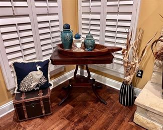 Trunk, Peacock Pillow, Vintage Table, Vase and Decor