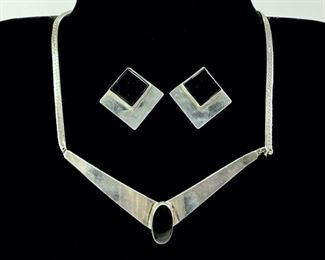 26 Grams Fine Statement Sterling Silver Black Onyx Modernist 16" Necklace W/ Matching Pierced Earrings