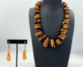 Fine Sterling Silver Clasp Amber Inclusion Chip Bead 18" Necklace W/ Amber Stone Pierced Drop Dangle Earrings