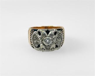 Fine 14K Yellow & White Gold Masonic Diamond Ring Size 9.25