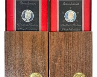 1971 and 1972 Eisenhower Silver Proof Dollars with Original Wood Panelling US Mint Packaging - Each dollar coin proof was struck in 24.59g of 40% Silver