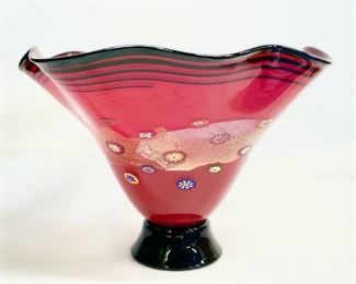 Vintage Signed Murano Art Glass Millefiori Red Ruffled 9" Vase 