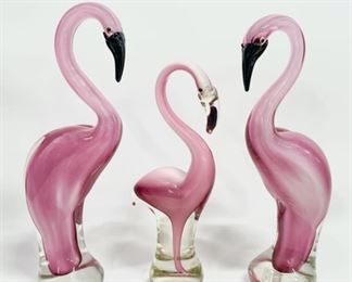 3 Vintage Pink Flamingo Art Glass Heavy Figures