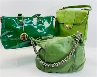 LORD AND TYLOR Top Handle Green Leather Bag W/ Multiple Compartments & Gold Tone Hardware, CALVIN KLEIN Olive Soft Leather Pouch Bag And MAJESTIC Top Handle Green Bag W/ Gold Tone Accents 