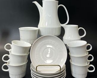 Fine German CP Teapot, Saucers, Sugar Jar, Creamer, and Demitasse Cups