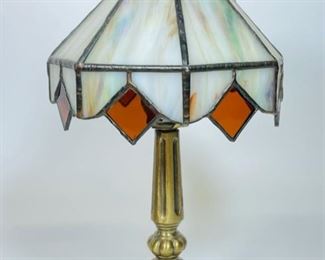Vintage Slag Glass & Brass Footed Small Desk Lamp 