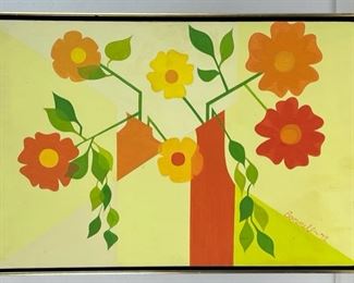 Bonnell Original Abstract Still Life Oil Painting on Canvas. Dated 1972 - Fun 1970s Floral Design 