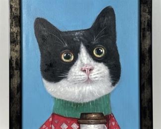 Print of Cat Painting Artwork with Painted Accents. Signed by Artist -