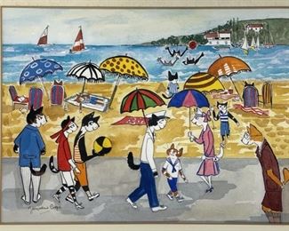 Jacqueline Cooper cats at the shore Original Ink and Watercolor Artwork on Paper. Signed