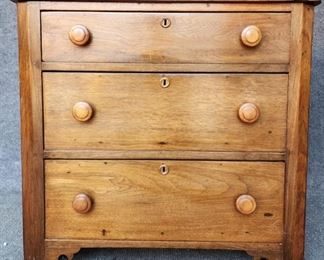 Antique 3 Drawer Chest Carved Wood Hardware