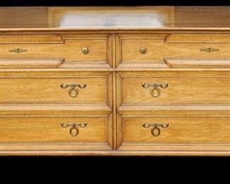 20th c Pavane Tomlinson Triple Dresser with Mirror Oak Brass Detailing
