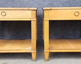 20th C Baker Furniture Side Tables One Drawer with Rattan Detailing and fluted columns